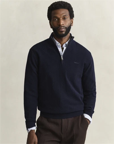 Gant - Herringbone Texture Half Zip - Evening Blue